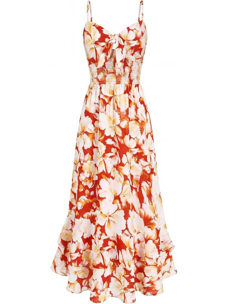 Women's Orange And Yellow Boho Floral Maxi Sundress Beach Dress With Pockets